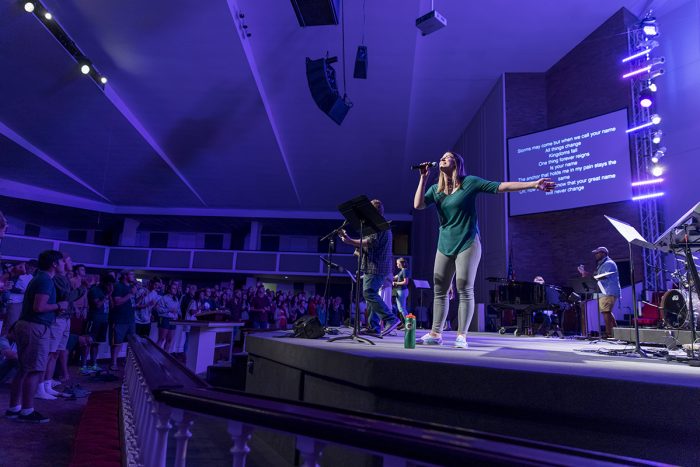 Photo of chapel band leading students in worship