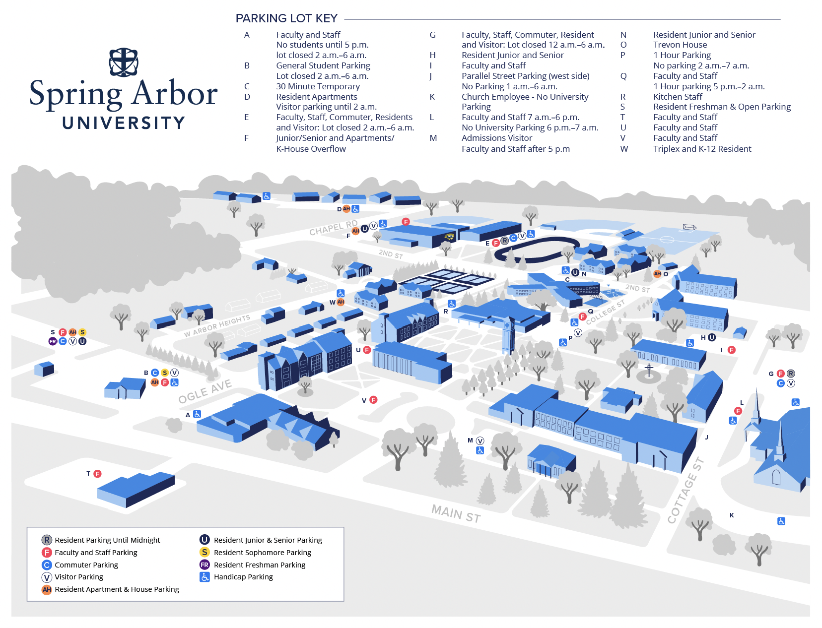 A map of the designated parking areas on campus.