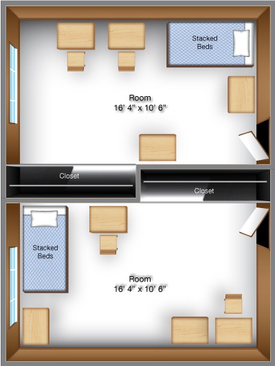 Graphic of Lowell Hall floor plan with dimensions.